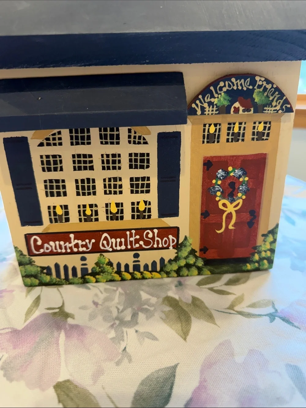 Hand-Painted Country Quilt Shop wooden box/ mailbox- Navy & Cream